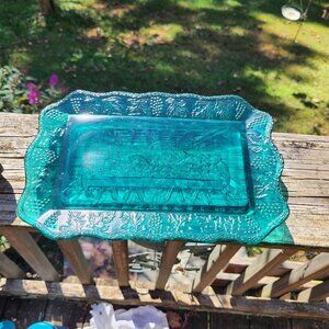 Vintage Indiana Glass Teal Blue Last Supper Embossed Rectangular Plate 11" X 7"